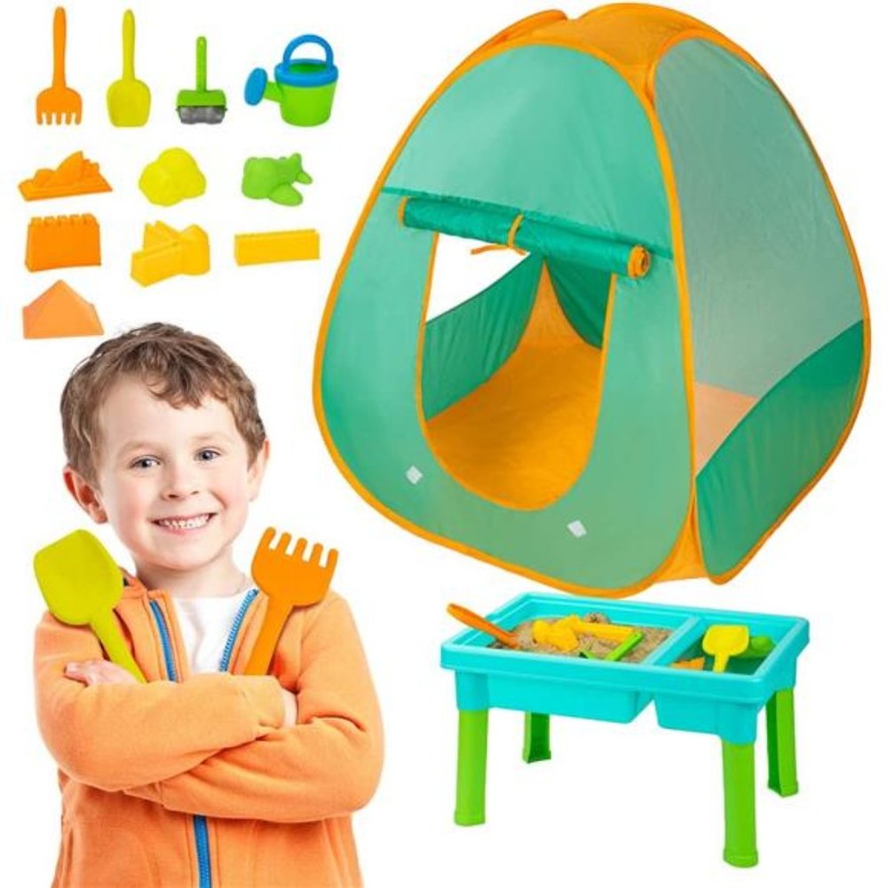 Kids Sand and Water Table with Play Tent, Toddler Beach Toy Set w/ Tent for Kid